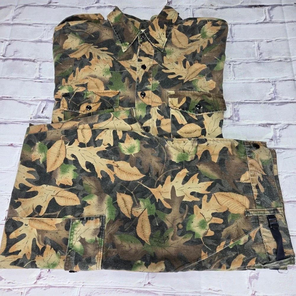 Vintage Kelly Kamo Tru-Leaf Camo Shirt Pants Set Hunting Utility Gear Mens XL
